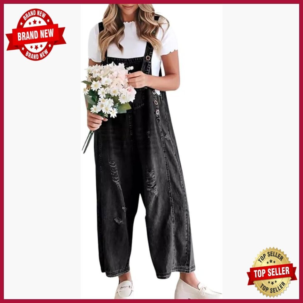 Distressed Denim Overalls, Loose Fit, Adjustable Straps, Wide Leg Jumpsuit